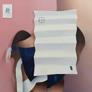 Judith Grassl Frau mit Zwiebel Abstraktes Gemälde einer sitzenden Frau hinter einem großen Blatt Papier.